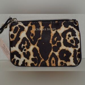 Victoria’s Secret Logo Black Leopard Wristlet Coin Change Purse Wallet Bag NWT